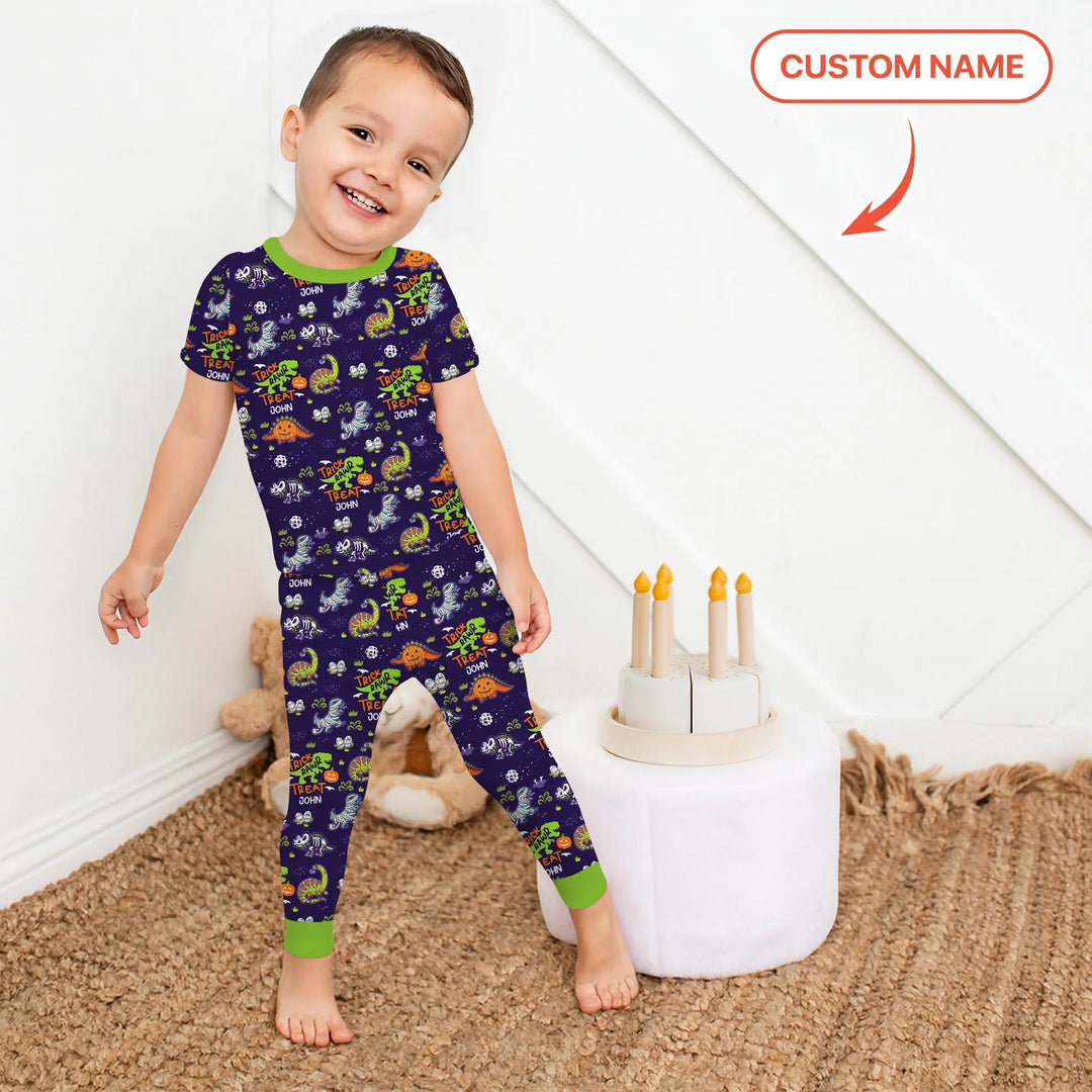 Trick Rawr Treat Custom Name Two Piece Short Sleeve Pajama Set - Zumbamboo