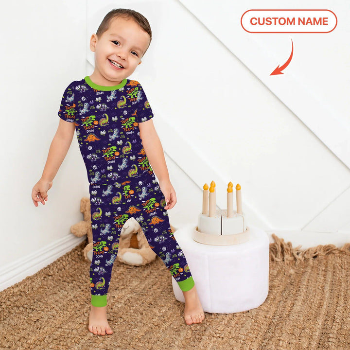 Trick Rawr Treat Custom Name Two Piece Short Sleeve Pajama Set - Zumbamboo