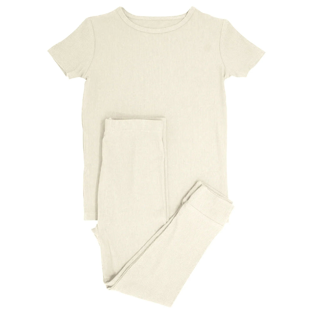 Vanilla Cream Ribbed Two Piece Short Sleeve Pajama Set - Zumbamboo