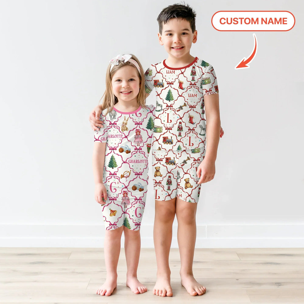 Vintage Christmas Toy Custom Name Boy Two Piece Short Sleeve Shorts Pajama Set - Zumbamboo