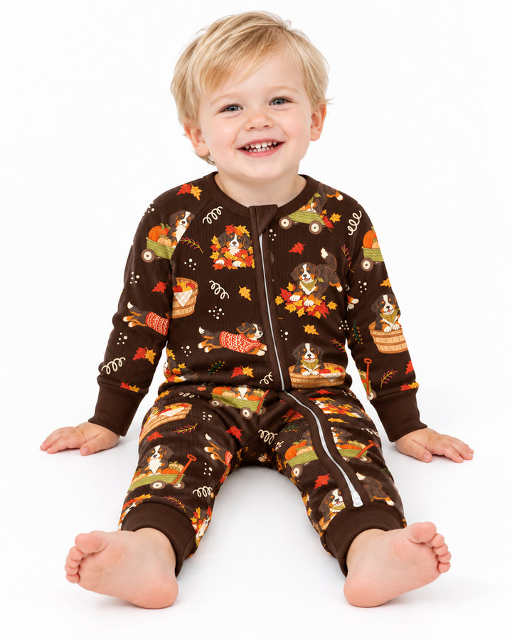 Fall Dogs Playing in Leaves Bamboo Two Piece Long Sleeve Pajama Set