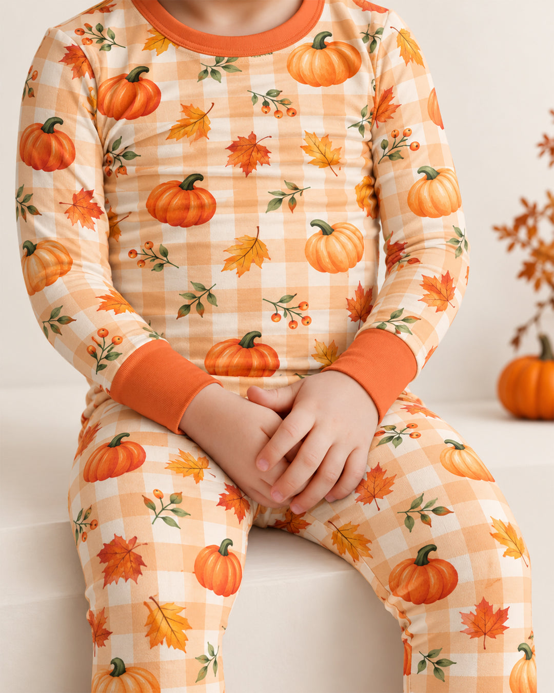 Cute Fall Pumpkin Leaves Gingham Bamboo Two Piece Long Sleeve Pajama Set