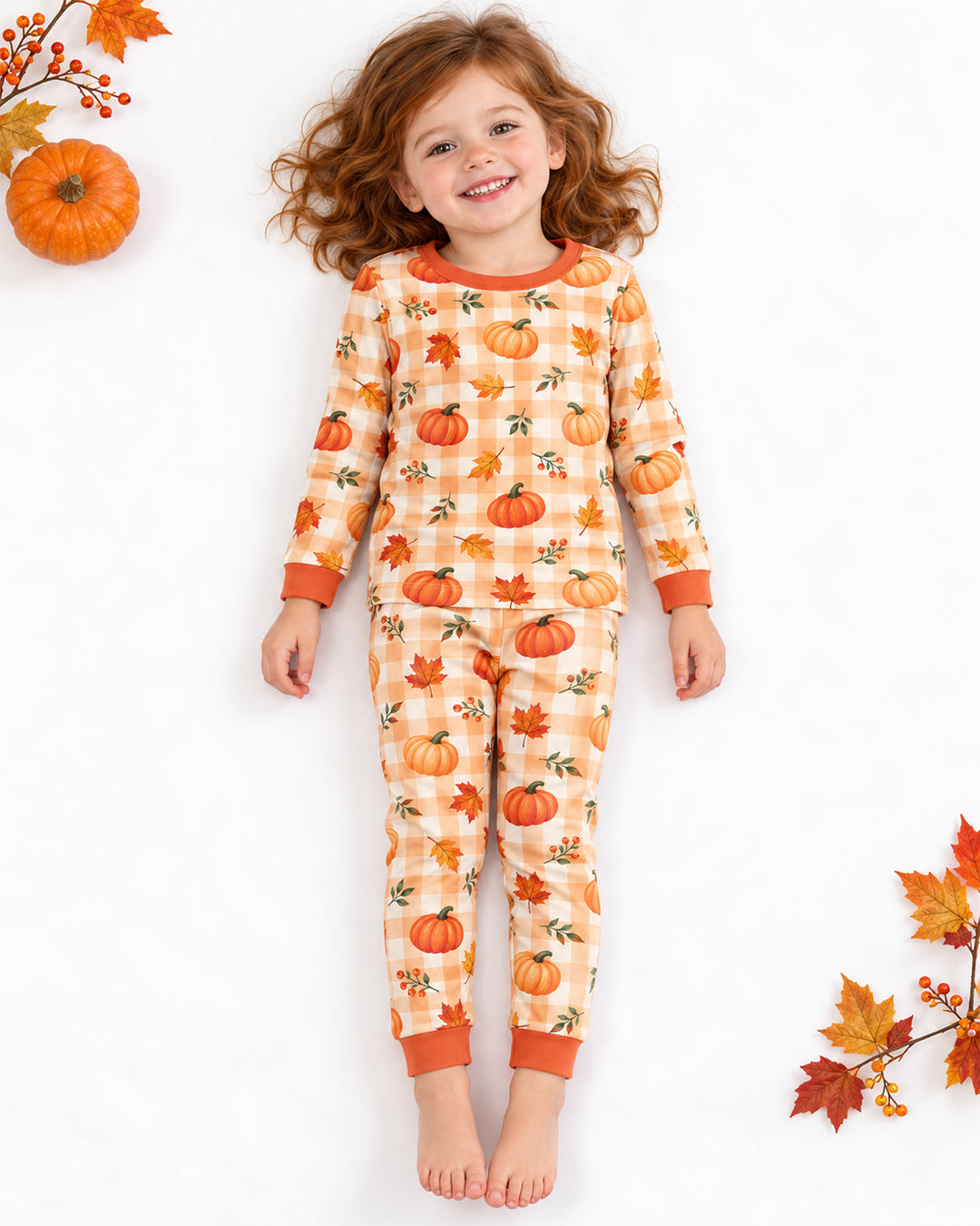 Cute Fall Pumpkin Leaves Gingham Bamboo Two Piece Long Sleeve Pajama Set