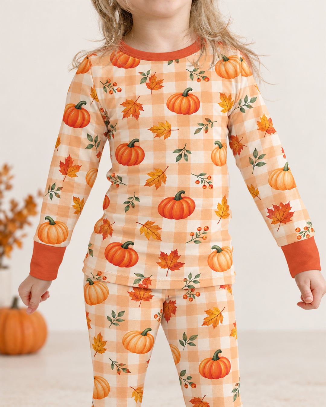Cute Fall Pumpkin Leaves Gingham Bamboo Two Piece Long Sleeve Pajama Set
