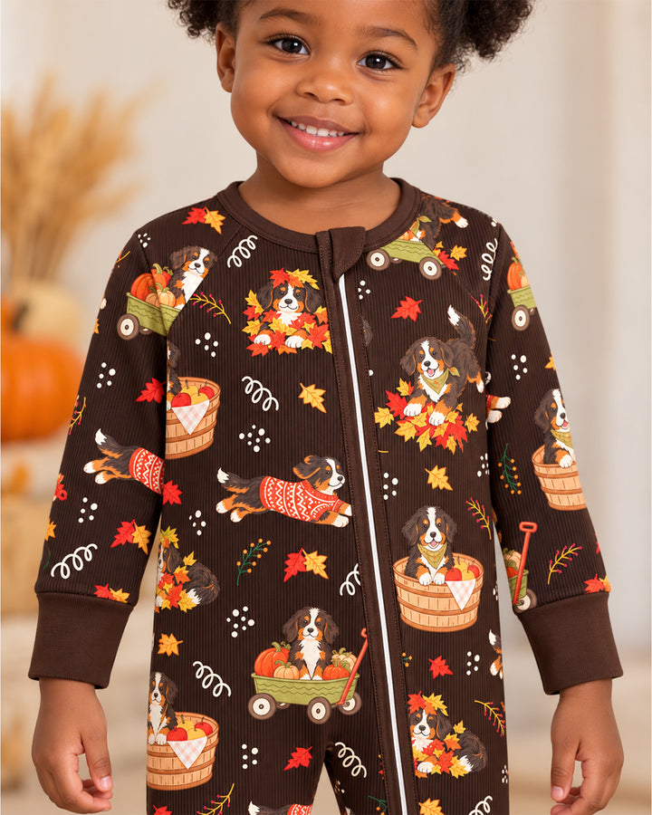 Fall Dogs Playing in Leaves Bamboo Two Piece Long Sleeve Pajama Set