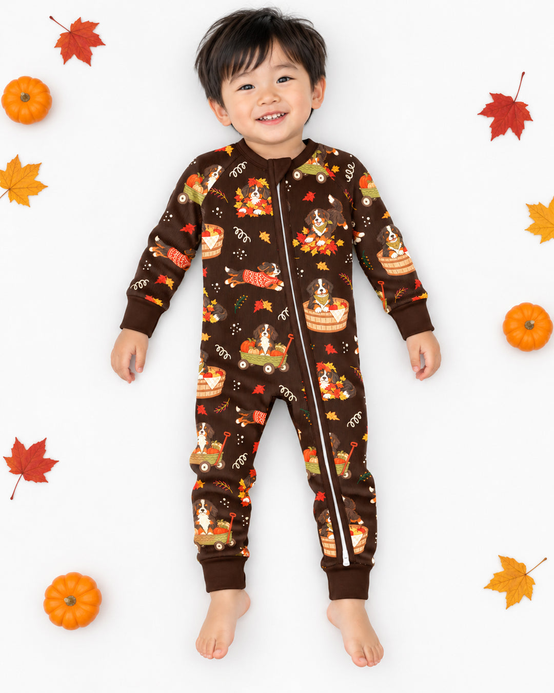 Fall Dogs Playing in Leaves Bamboo Two Piece Long Sleeve Pajama Set