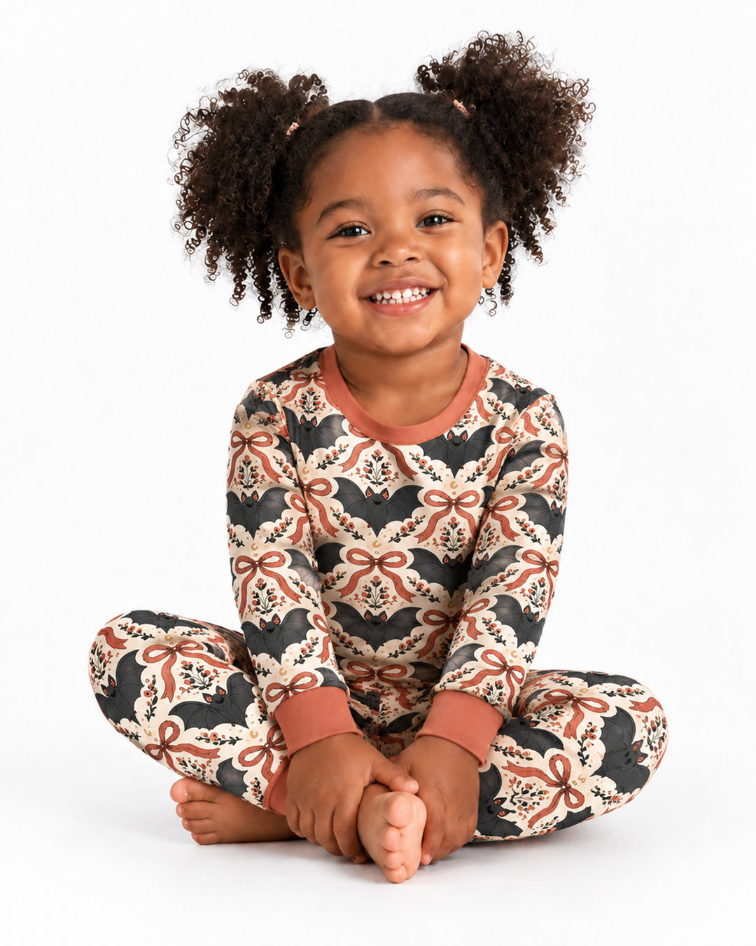 Gothic Bow Floral Bat Vintage Halloween Bamboo Two Piece Long Sleeve Pajama Set
