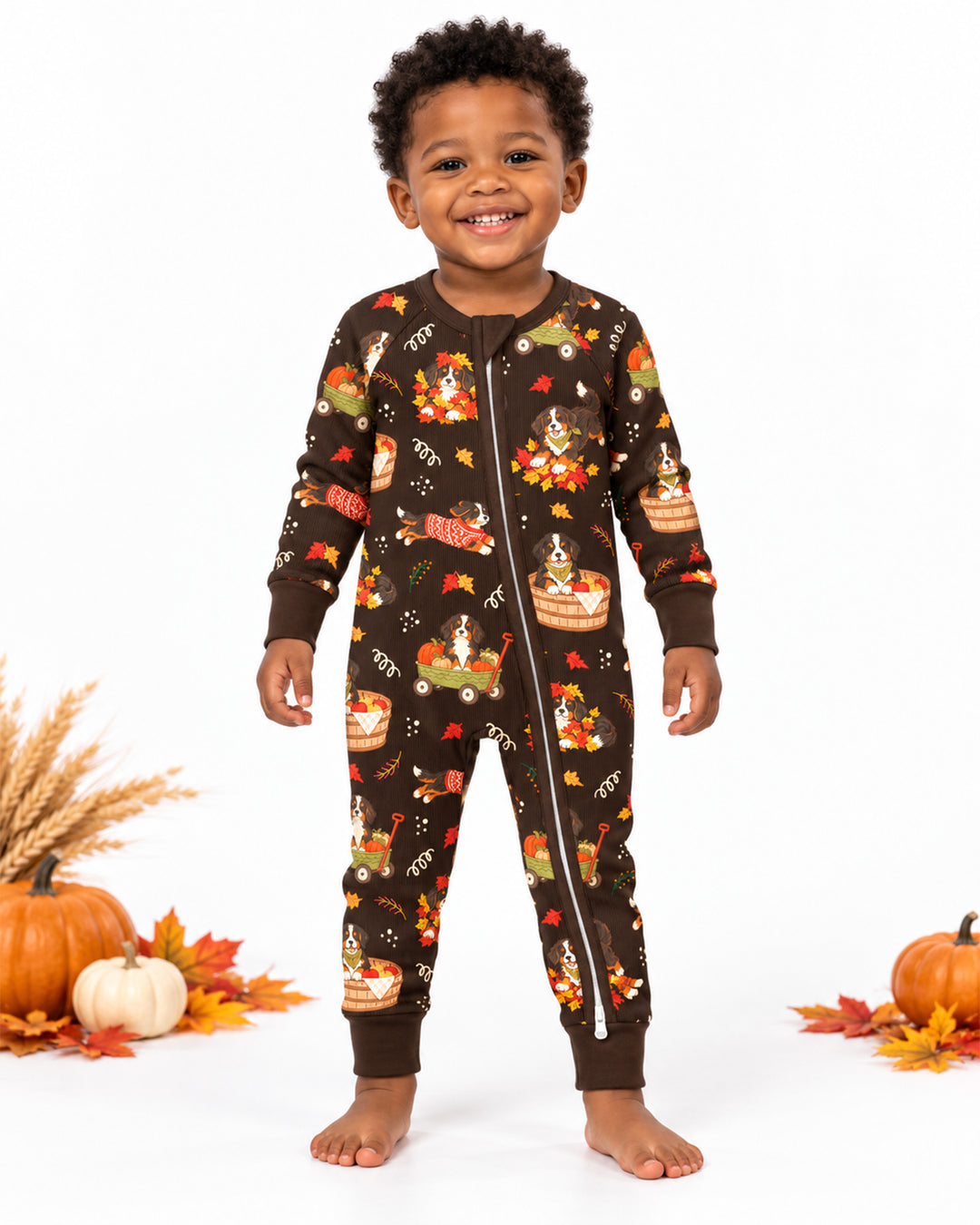 Fall Dogs Playing in Leaves Bamboo Two Piece Long Sleeve Pajama Set
