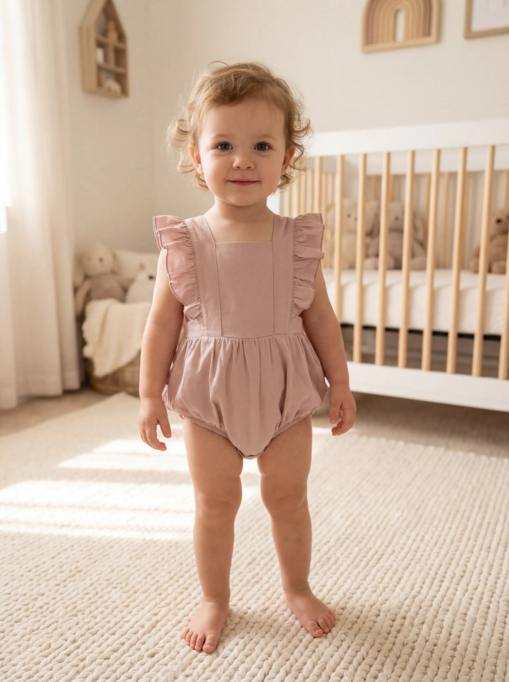 Solid Color Bamboo Cross Back Ruffle Bubble Romper