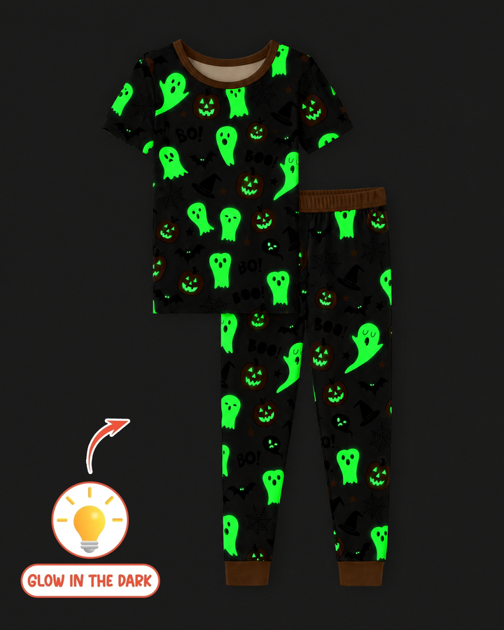 Halloween Boo & Pumpkin Glow In The Dark Bamboo Two Piece Short Sleeve Pajama Set