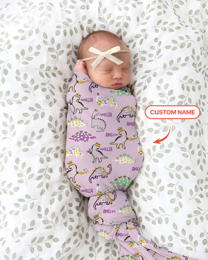 Custom Name Mardi Gras Saurus Swaddle Blanket