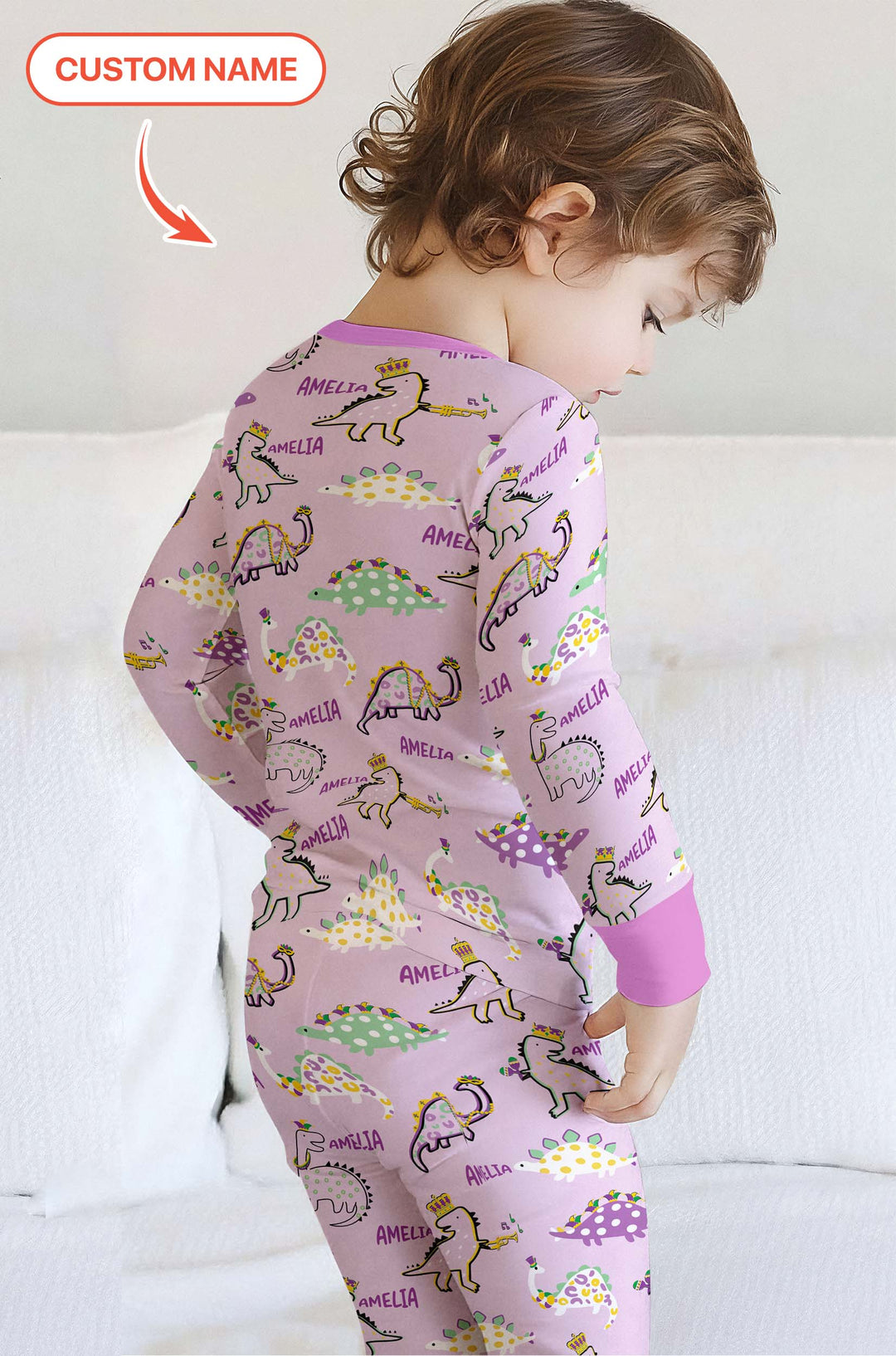 Custom Name Mardi Gras Saurus Two Piece Long Sleeve Pajama Set