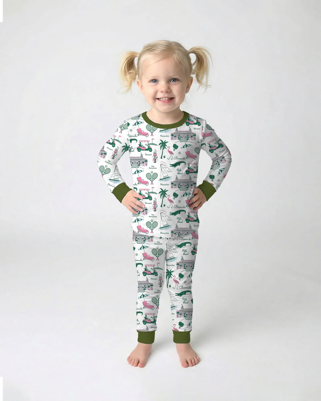 Conjunto de pijama de dos piezas de bambú de manga larga estilo Preppy Palm Getaway