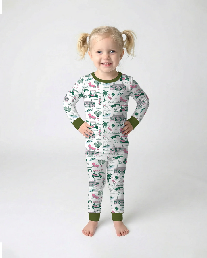 Conjunto de pijama de dos piezas de bambú de manga larga estilo Preppy Palm Getaway