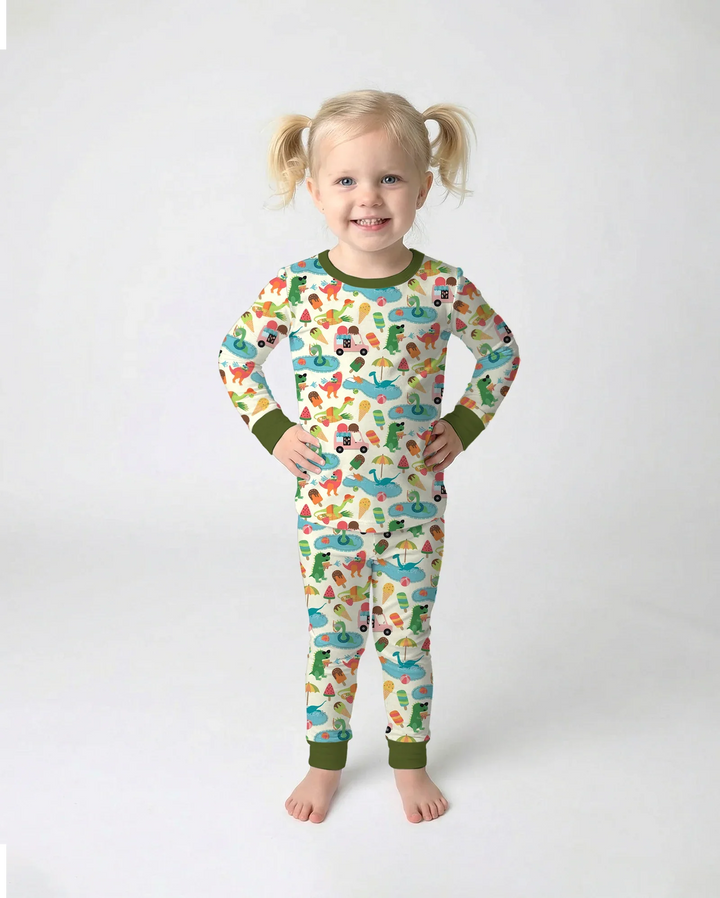 Conjunto de Pijama de Dos Piezas de Bambú de Manga Larga Dino Summer Splash