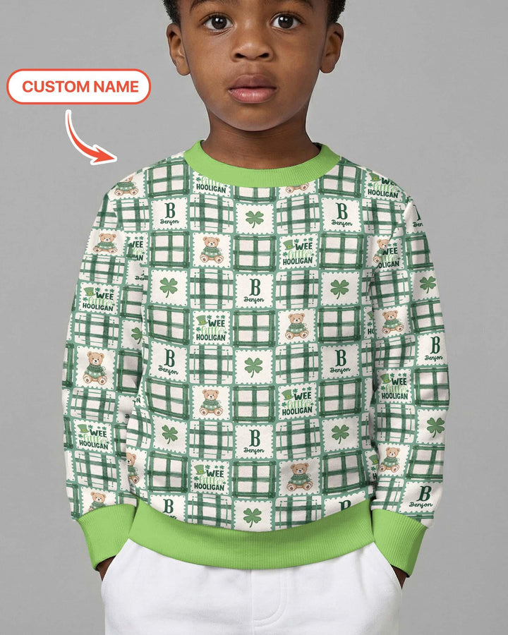 Custom Name Teddy Bear Gingham St. Patrick's Day Crewneck Sweatshirt