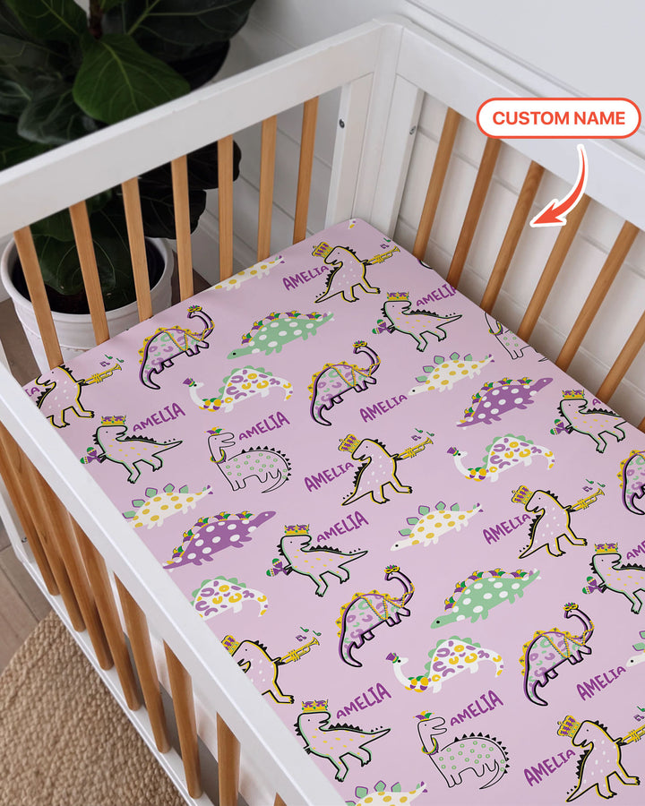 Custom Name Mardi Gras Saurus Fitted Crib Sheet