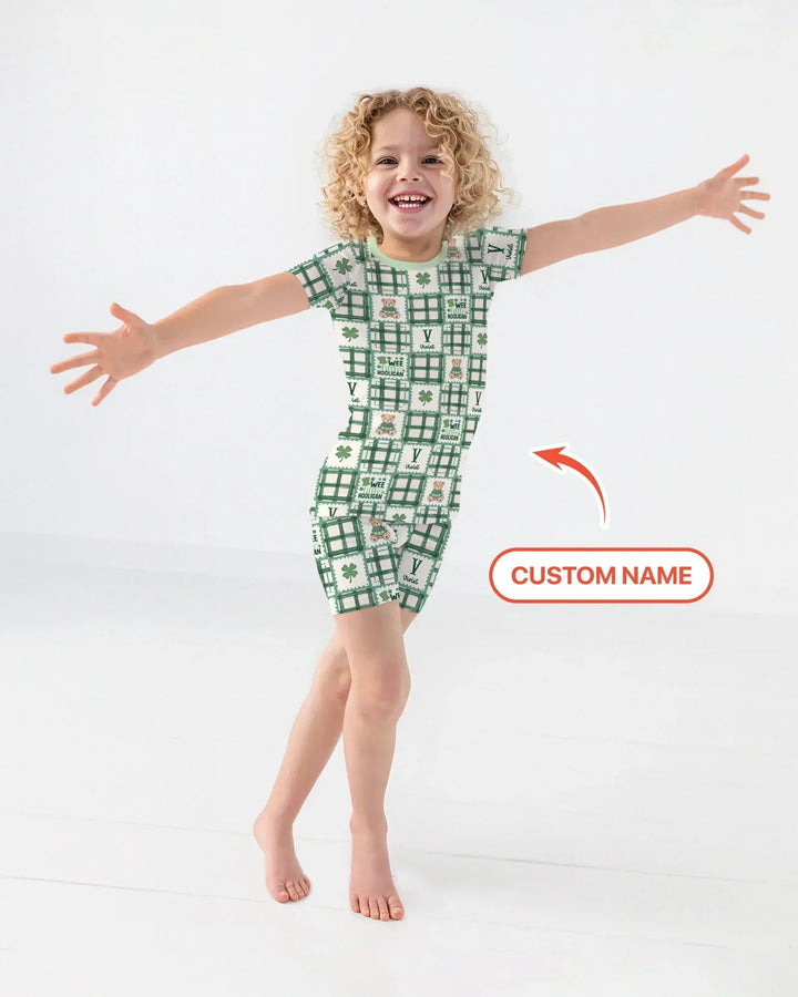 Custom Name Teddy Bear Gingham St. Patrick's Day Two Piece Short Sleeve Shorts Pajama Set