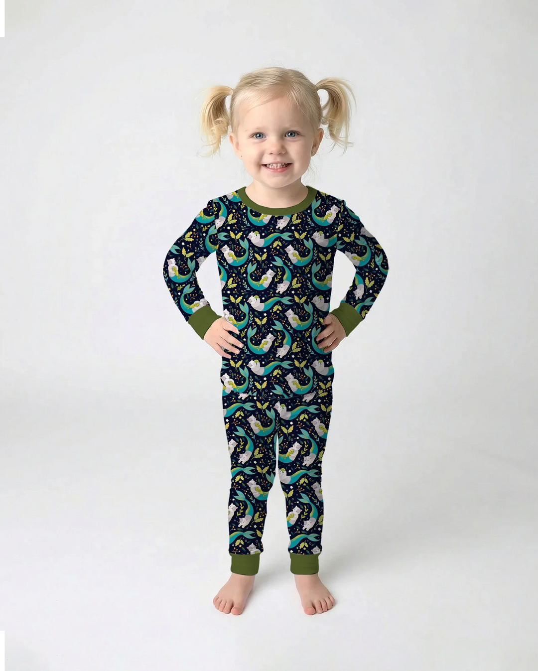 Pijama de dos piezas de bambú de manga larga Midnight Mermaid Cats