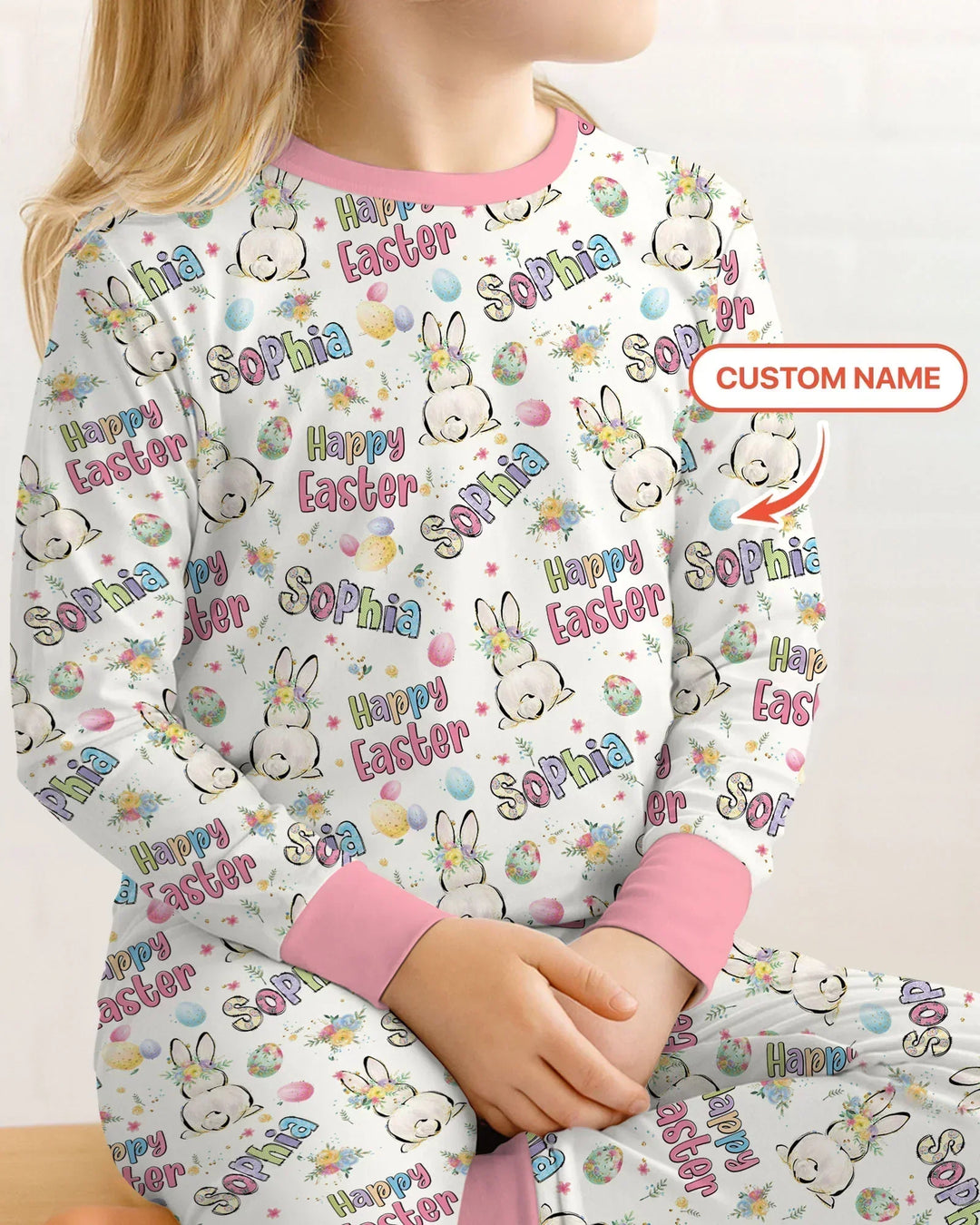 Personalized Happy Easter Bunny Two Piece Long Sleeve Pajama Set
