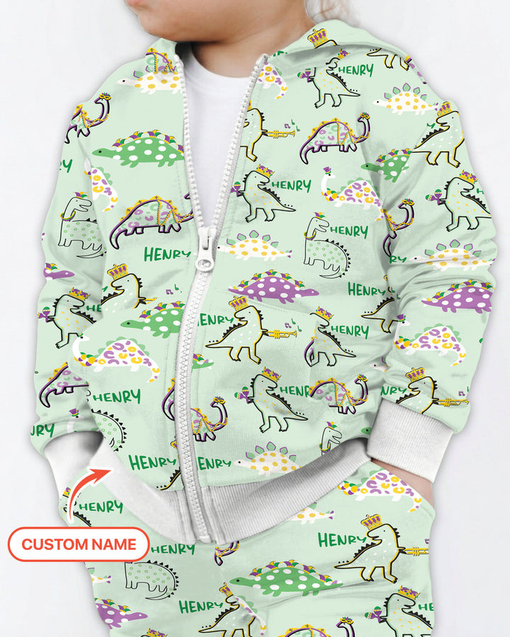 Custom Name Mardi Gras Saurus Zip Hoodie