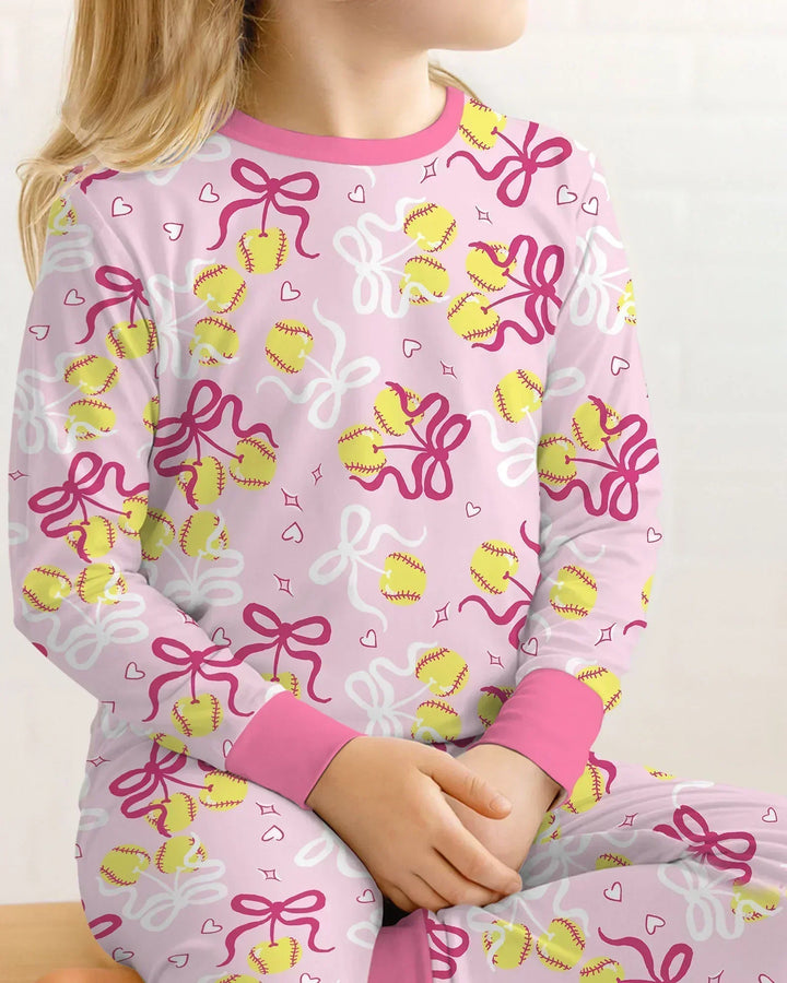 Softball Cherry Mom And Girl Matching Two Piece Long Sleeve Pajama Set