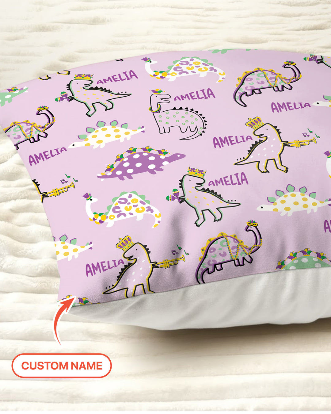 Custom Name Mardi Gras Saurus Pillow Case