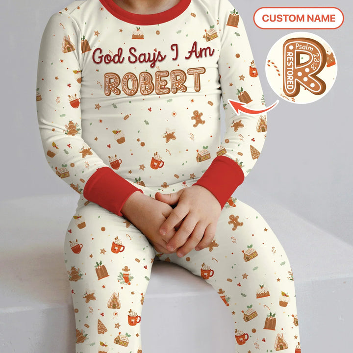 GingerBread God Says I Am Custom Name Two Piece Long Sleeve Pajama Set