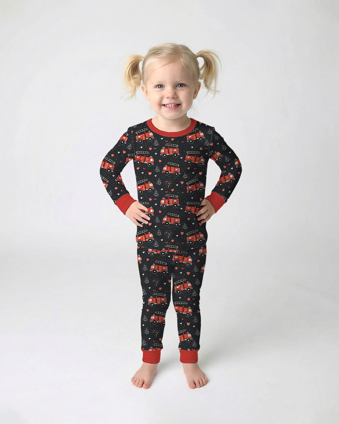 Valentine Fire Trucks Two Piece Long Sleeve Pajama Set