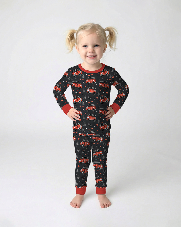 Valentine Fire Trucks Two Piece Long Sleeve Pajama Set