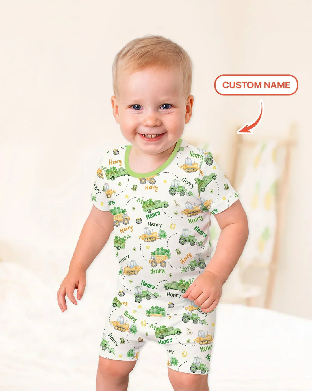 Construction St. Patrick's Day Custom Name Two Piece Short Sleeve Shorts Pajama Set