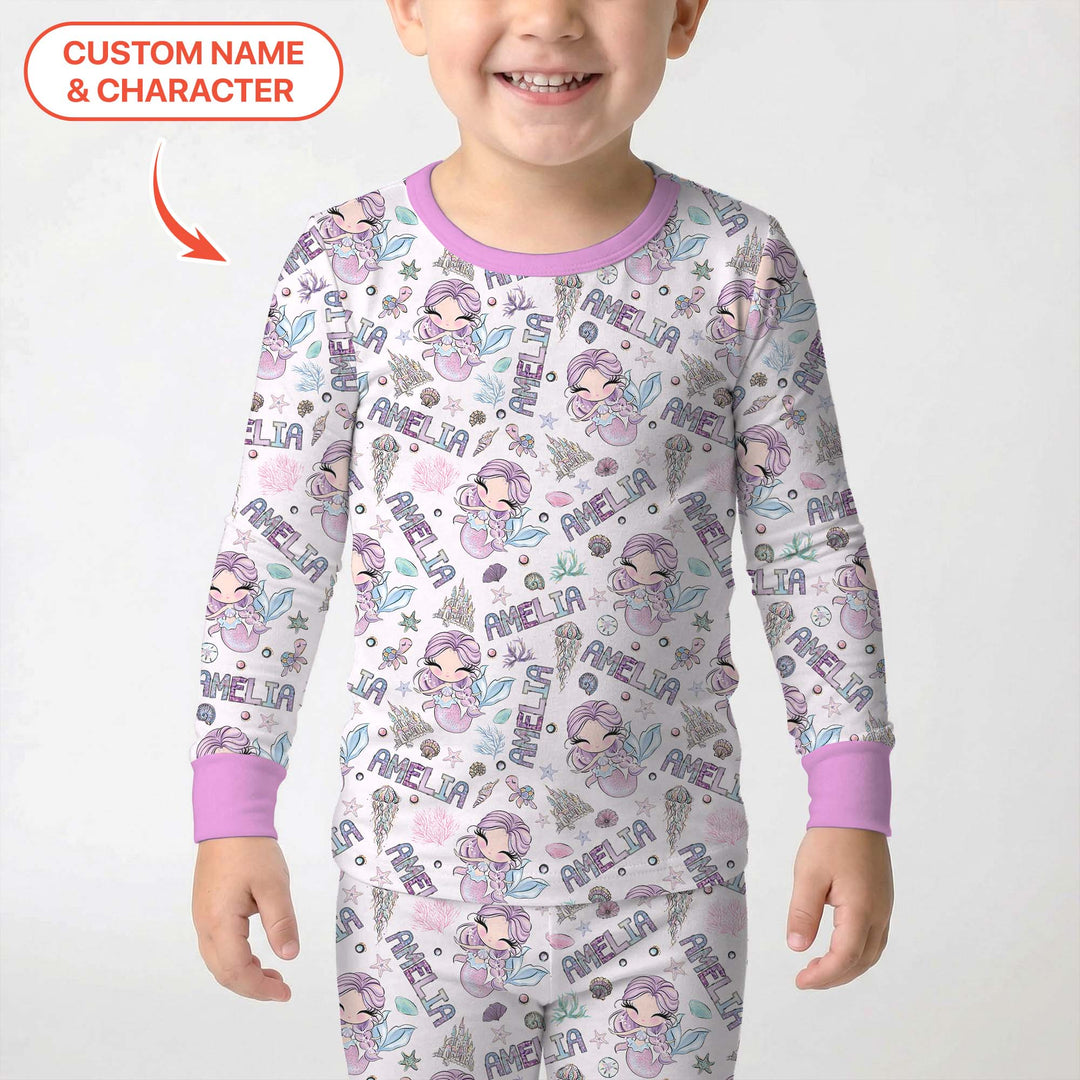 Custom Name Doodle Little Mermaid Two Piece Long Sleeve Pajama Set