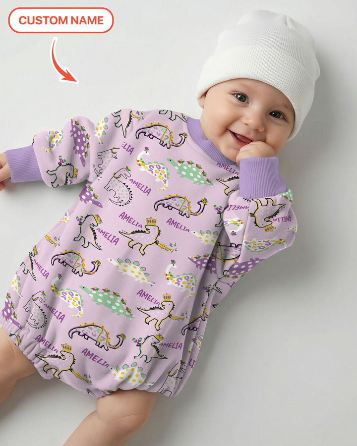Custom Name Mardi Gras Saurus Bubble Romper