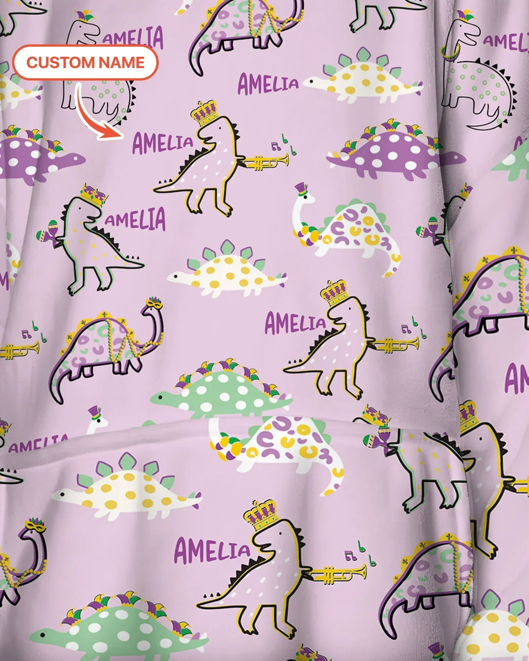 Custom Name Mardi Gras Saurus Wearable Bamboo Blanket Hoodie