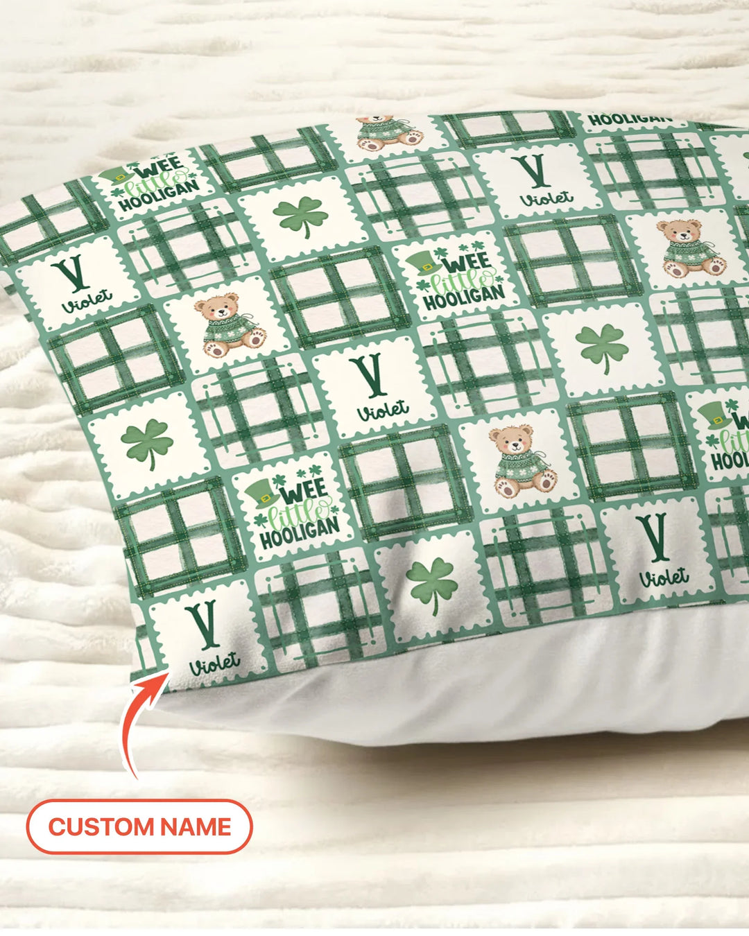 Custom Name Teddy Bear Gingham St. Patrick's Day Pillow Case