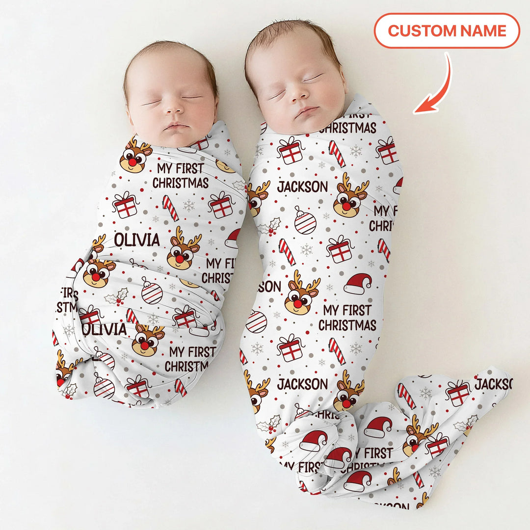 Custom Name Reindeer Doodle My First Christmas Swaddle Blanket