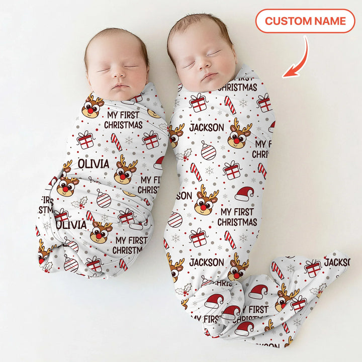 Custom Name Reindeer Doodle My First Christmas Swaddle Blanket