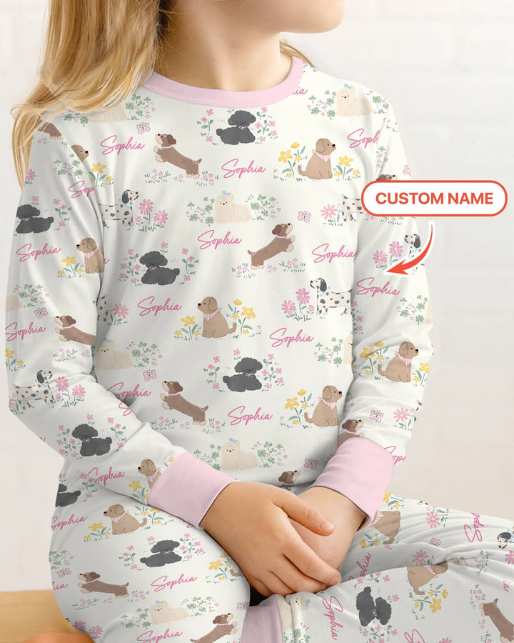 Custom Name Flower Dogs Two Piece Long Sleeve Pajama Set