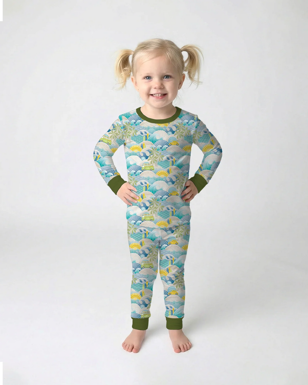 Conjunto de pijama de dos piezas de manga larga de bambú con olas y olas para viaje por la costa