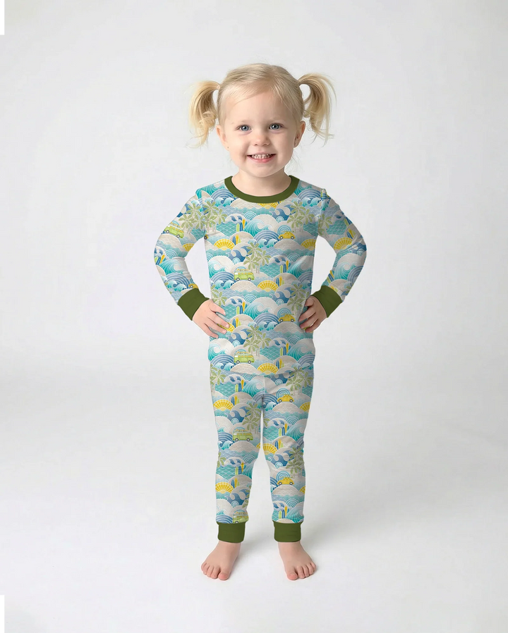 Conjunto de pijama de dos piezas de manga larga de bambú con olas y olas para viaje por la costa