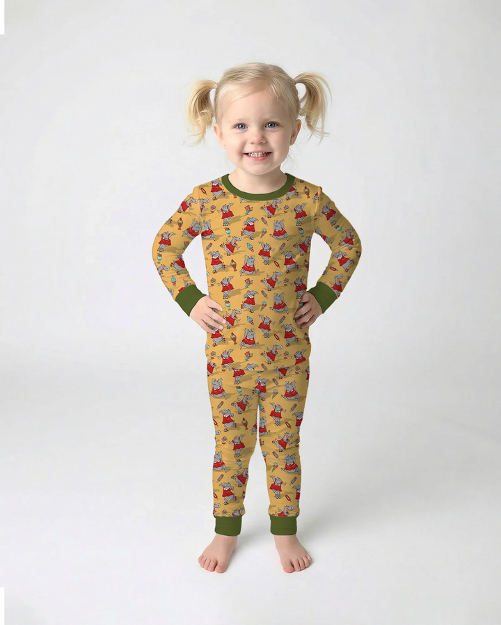 Dancing Hippo Treats Bamboo Two Piece Long Sleeve Pajama Set