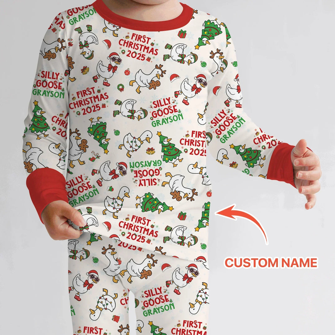 Custom Name "Silly Goose" Two Piece Long Sleeve Pajama Set (Red) , Custom Name "Silly Goose" Two Piece Long Sleeve Pajama Set (Red) - 12-18M