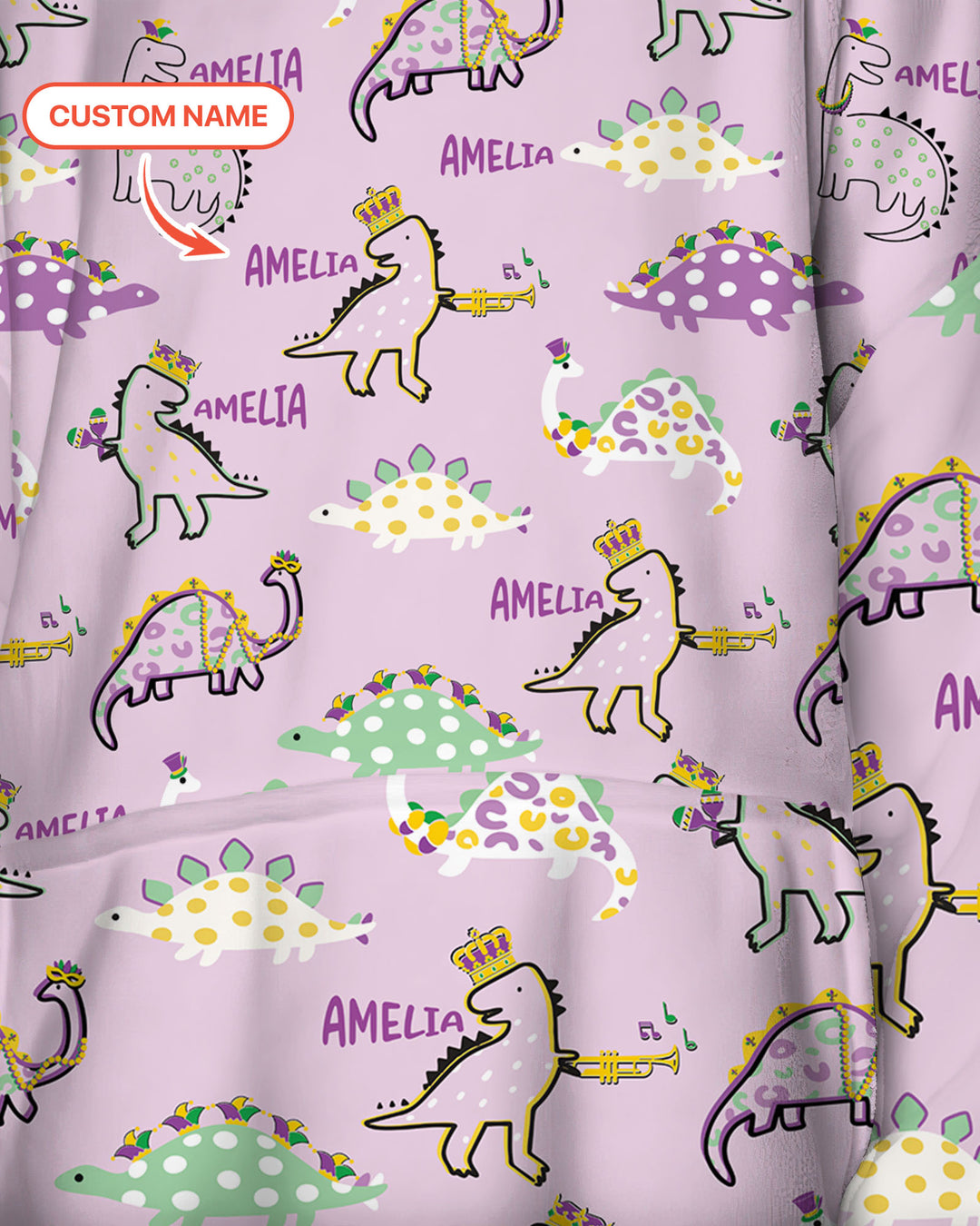 Custom Name Mardi Gras Saurus Wearable Blanket Hoodie