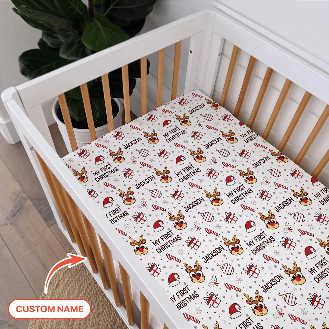 Custom Name Reindeer Doodle My First Christmas Fitted Crib Sheet