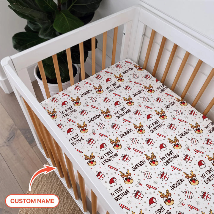 Custom Name Reindeer Doodle My First Christmas Fitted Crib Sheet