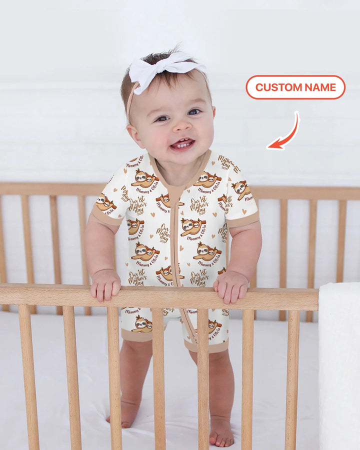 Custom Name Mama & Baby Sloth – Our First Mother’s Day 2026 Bamboo Shorty Zippy