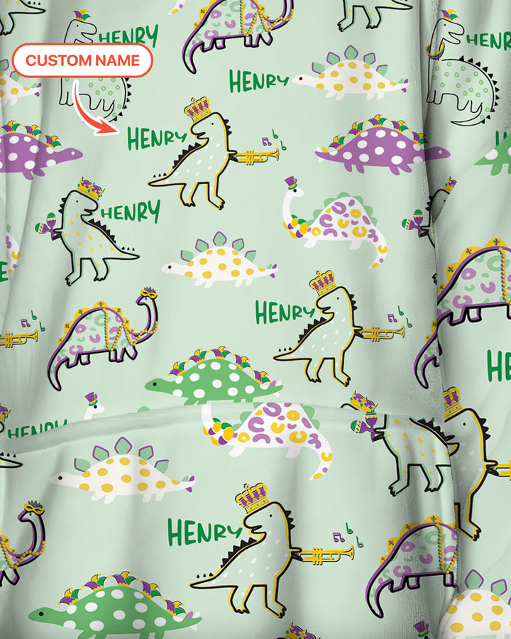 Custom Name Mardi Gras Saurus Wearable Blanket Hoodie