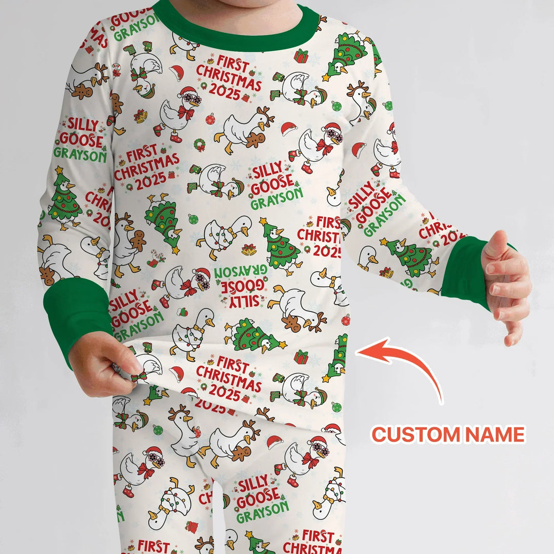 Custom Name "Silly Goose" Two Piece Long Sleeve Pajama Set (Green) , Custom Name "Silly Goose" Two Piece Long Sleeve Pajama Set (Green) - 12-18M
