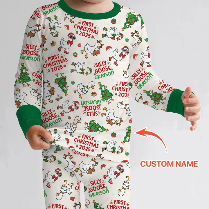 Custom Name "Silly Goose" Two Piece Long Sleeve Pajama Set (Green) , Custom Name "Silly Goose" Two Piece Long Sleeve Pajama Set (Green) - 12-18M