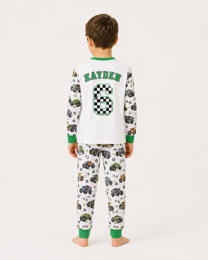 Personalized Monster Truck Birthday Bamboo Two Piece Long Sleeve Pajama Set